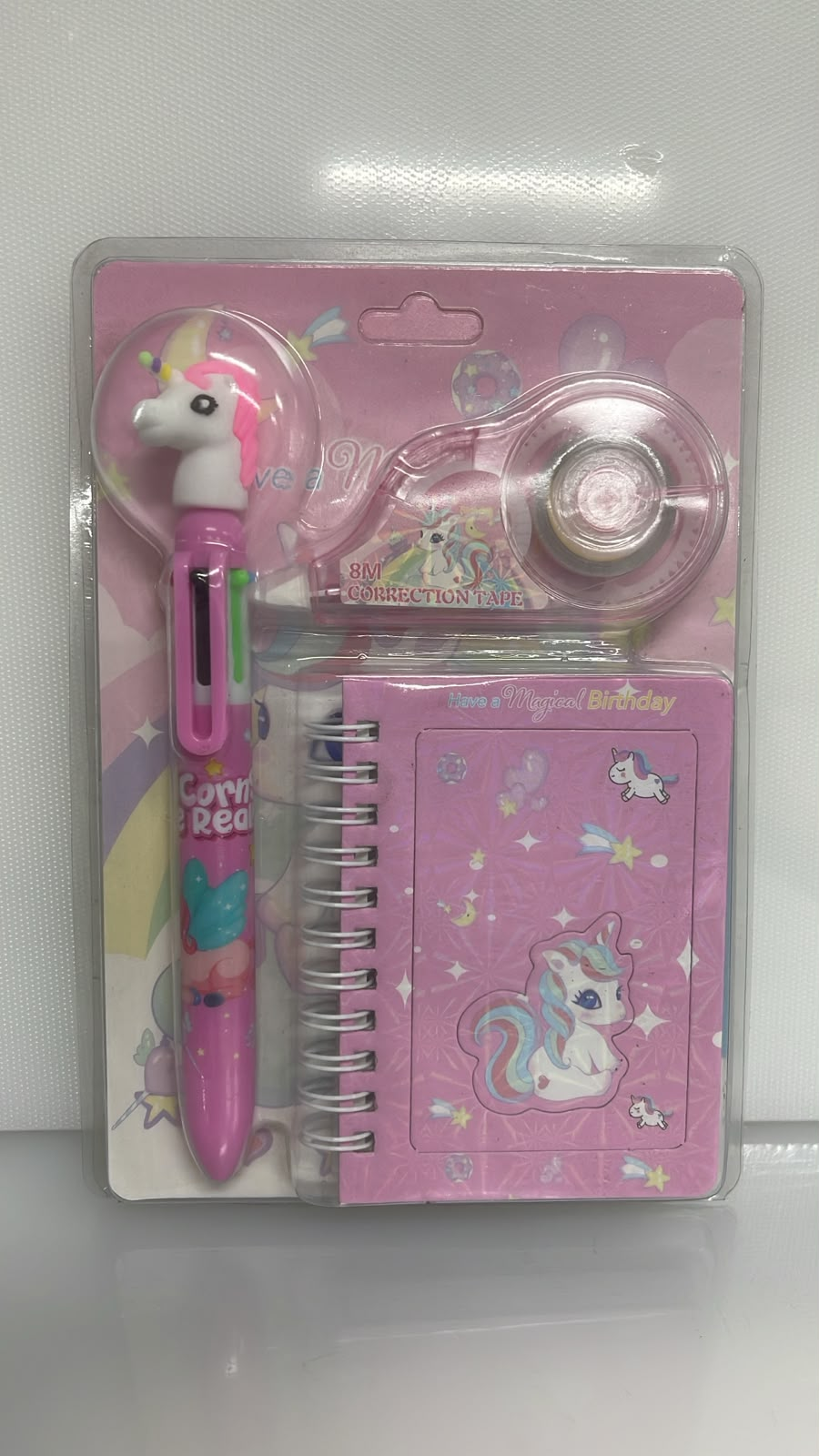 SET X3 DE PAPELERIA DESIGN STAR Y UNICORN 1 CUADERNO HOJA RAYADA 11X8 CM - 1 BOLIGRAFO - 1 CINTA CORRECTORA 8 M PL50-12