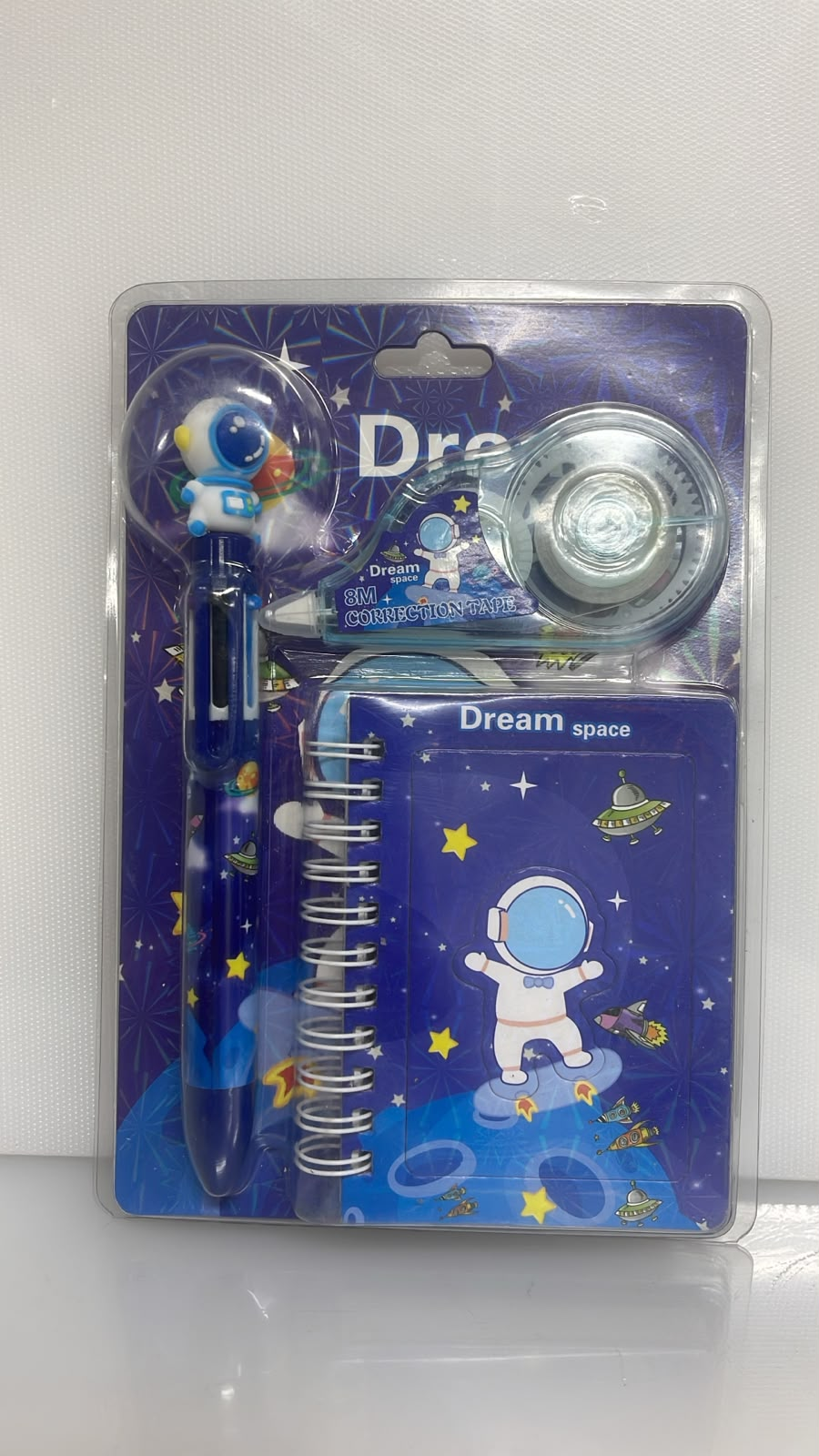 SET X3 DE PAPELERIA DESIGN MOON Y SPACEMAN 1 CUADERNO HOJA RAYADA 11X8 CM - 1 BOLIGRAFO - 1 CINTA CORRECTORA 8 M PL50-13