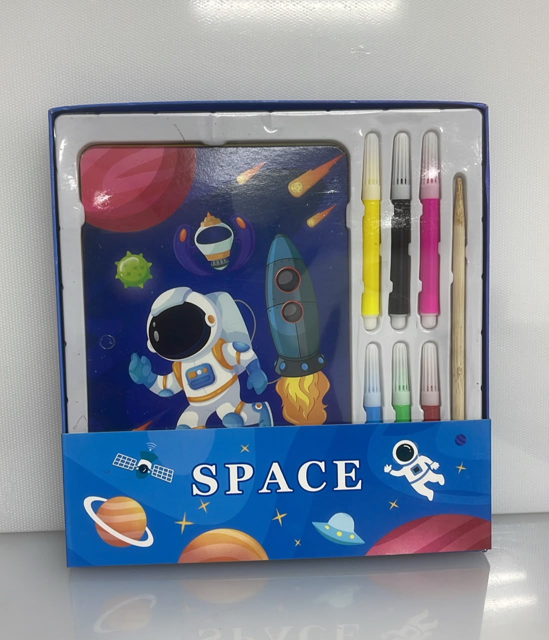 SET X3 DE PAPELERIA DESIGN SPACE Y SHOOTING STAR 14 TARJETAS-CARTILLAS ILUSTRADAS CON TEMATICA ESPACIAL 17X12 CM - 6 MARCADORES - 1 PINCEL DE MADERA PL50-18