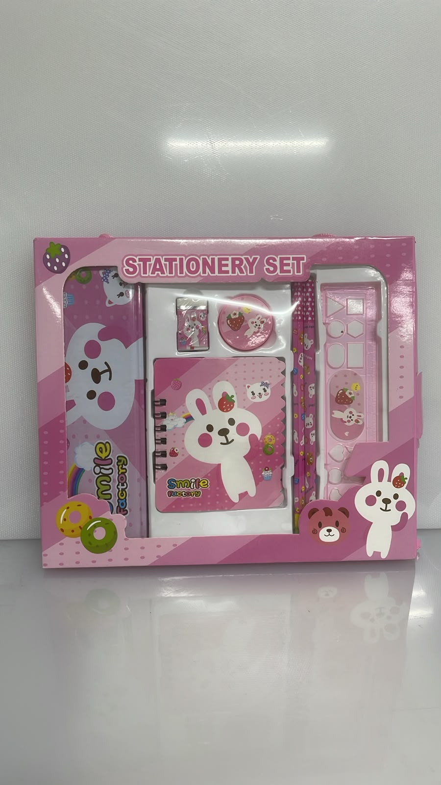 SET X6 DE PAPELERIA DESIGN RABBIT PINK 1 ESTUCHE 20X7 CM - 1 CUADERNO HOJA BLANCA 10X9 CM - 2 LAPICES - 1 REGLA - 1 BORRADOR - 1 SACAPUNTAS PL50-4
