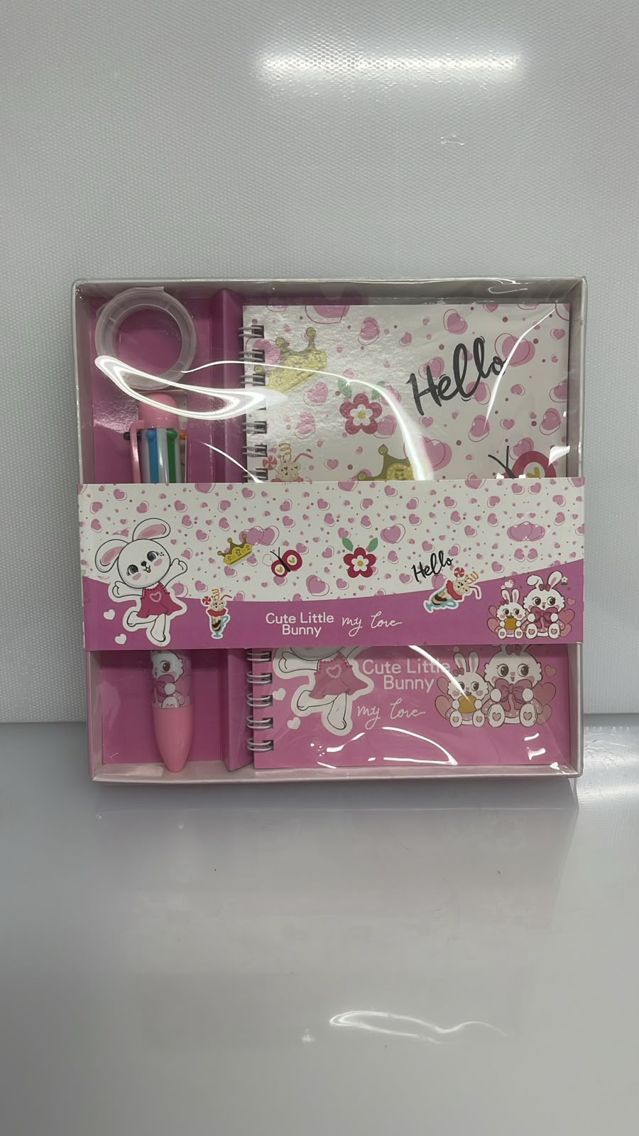 SET X3 DE CUADERNO CON BOLIGRAFO DESIGN HEART Y RABBIT 1 CUADERNO HOJA RAYADA 17X12 CM - 1 BOLIGRAFO - 1 CINTA DECORATIVA PL50-7
