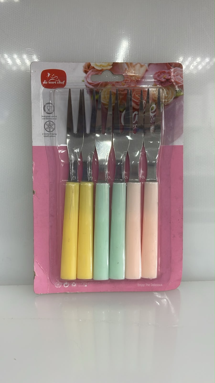 SET X 6 UND TENEDOR MINIATURA DE METAL CON MANGO PLASTICO DESIGN FRUIT 12 CM