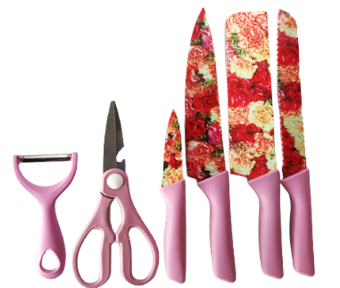 SET DE CUCHILLOS MAS TIJERAS Y PELADOR DISENO FLORES 32CMX18CM PB05-48
