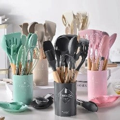 SET UTENSILIOS SILICONA MANGO TIPO BAMBU X12 PB08-6