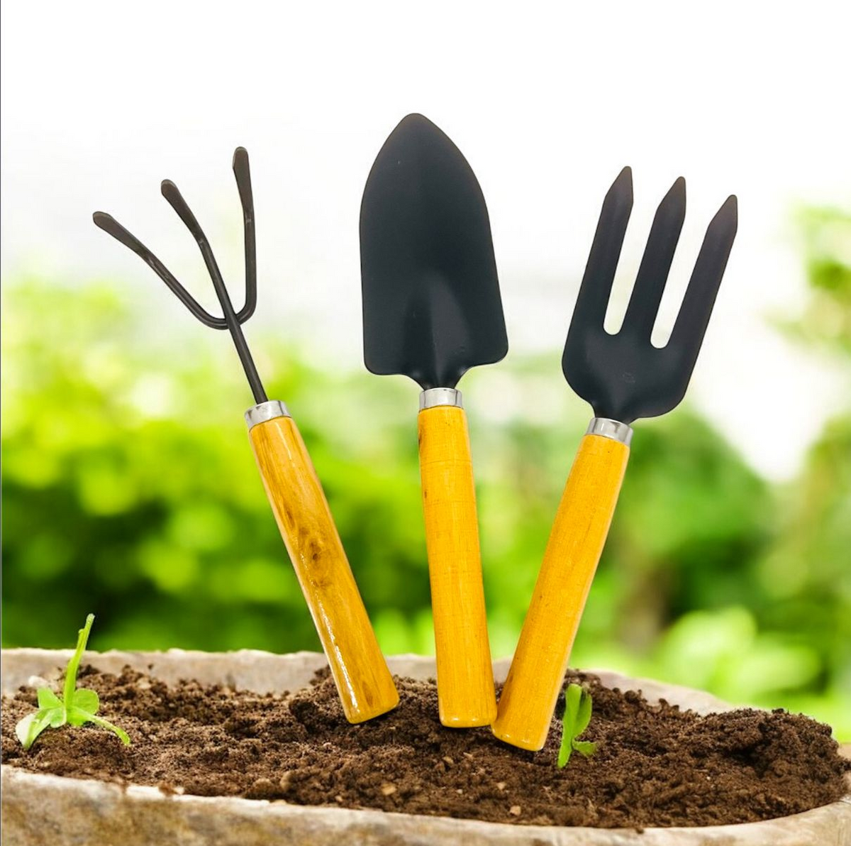 SET DE JARDINERI X 3 WOOD SL-6016 PALA PLANA 25_6 CM TRINCHO DE PUNTA 23_5 CM RASTRILLO PEQUENO 22_6 CM