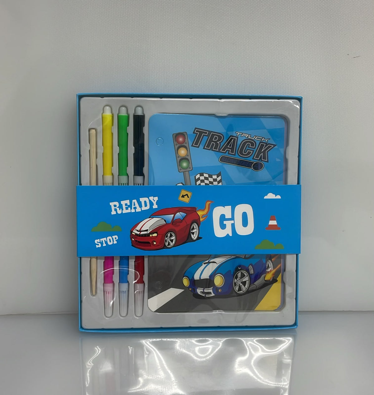 SET X3 DE PAPELERIA DESIGN TRUCK Y TRACK 14 TARJETAS-CARTILLAS ILUSTRADAS 17X12 CM - 6 MARCADORES - 1 PINCEL DE MADERA PL50-19
