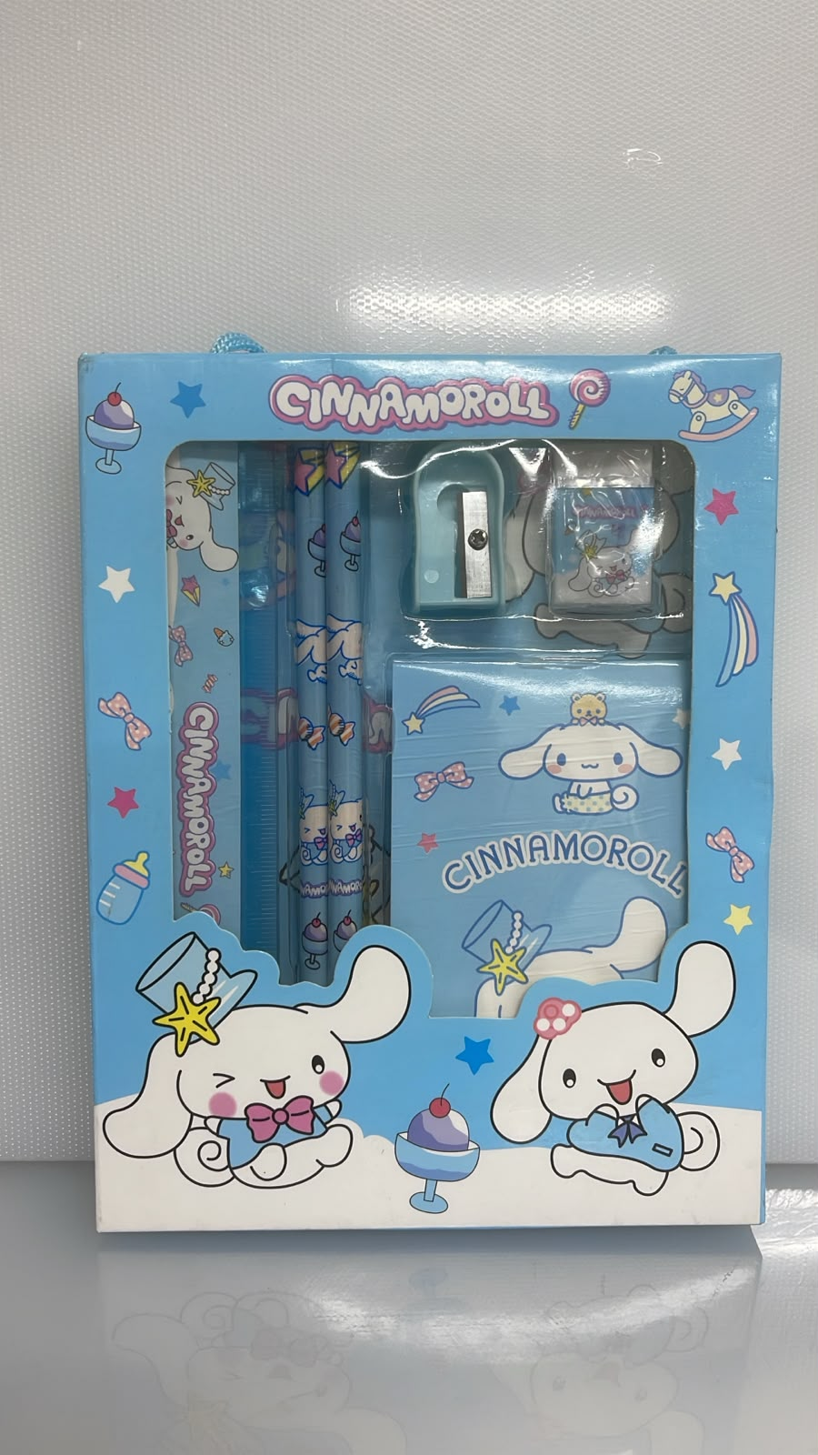SET X5 DE PAPELERIA DESIGN CINNAMOROLL BLUE 1 LIBRETA HOJA BLANCA - 1 REGLA PLASTICA - 2 LAPICES - 1 SACAPUNTAS - 1 BORRADOR PL50-3