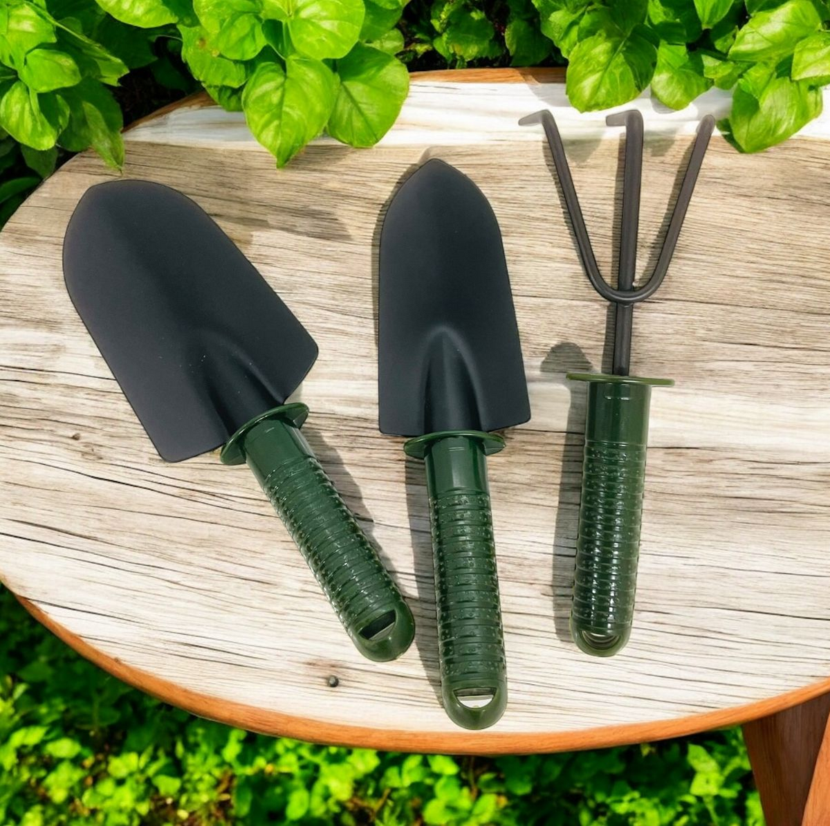 SET X 3 JARDINERIA TOOLS GREEN SL-6025 PALA DE PUNTA 24_7 CM RASTRILLO PEQUENO 23_8 CM PALA DE PUNTA 25_6 CM