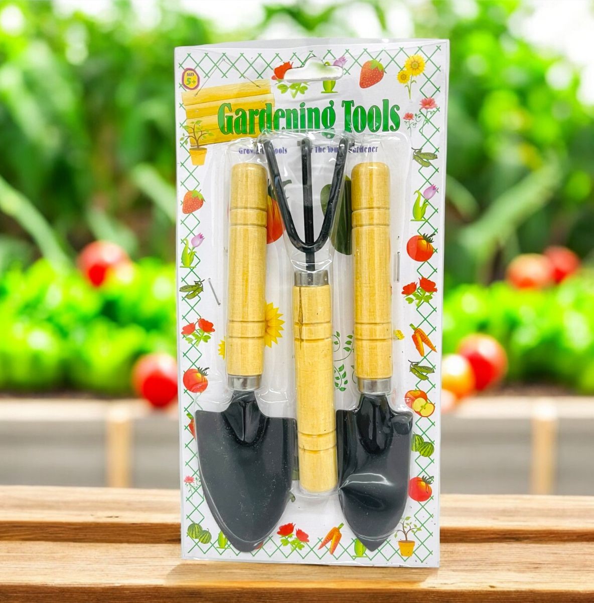 MINI SET DE JARDINERIA FLOWERS SL-6013 PALA PLANA 17_4 CM TRINCHO DE PUNTA 15_4 CM RASTRILLO PEQUENO 18_4 CM